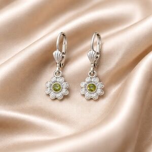 Silver Flower Earrings with Green Gemstone